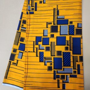 A yellow and blue fabric with squares on it