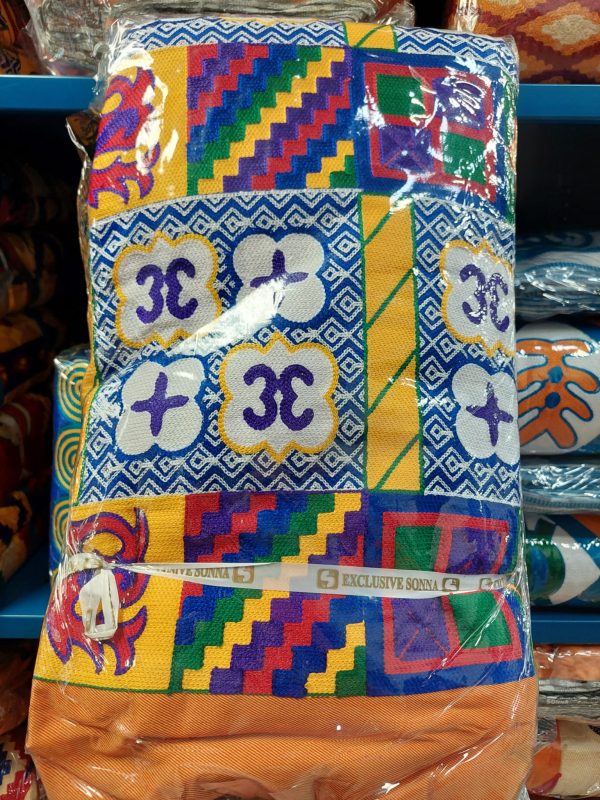 A bag of colorful cloth sitting on top of a shelf.