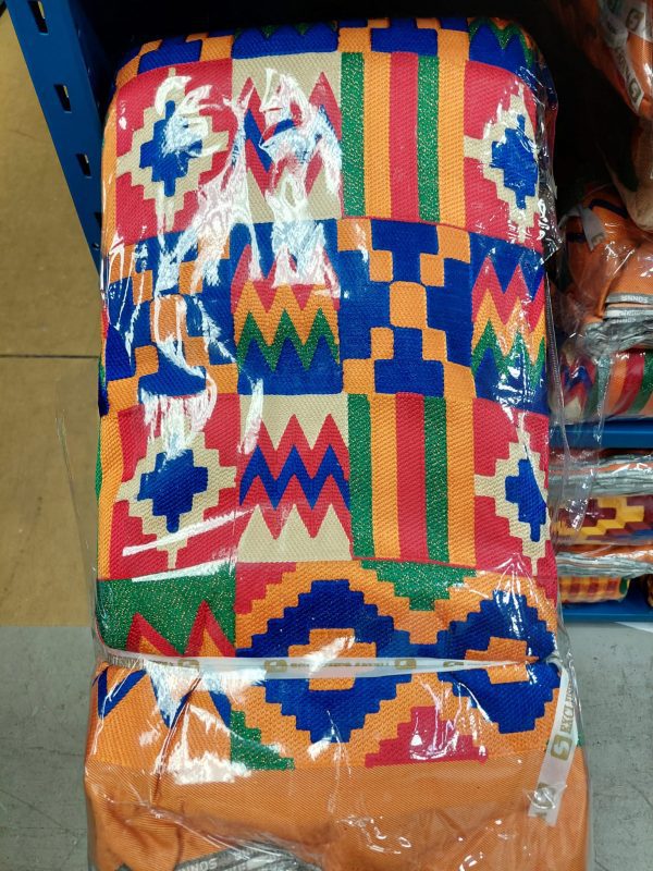 A colorful pattern of cloth is on display.