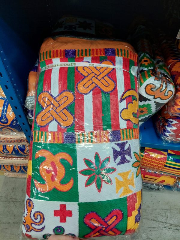 A colorful chair with many designs on it.